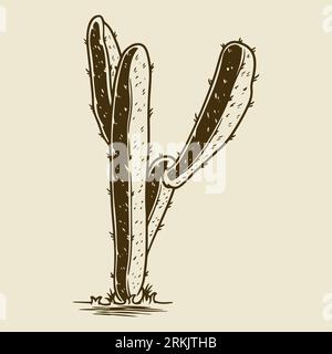 Illustrazione vettoriale stile di schizzo Cactus. Incisione d'epoca disegnata a mano con schizzi o incisioni isolate. Piante esotiche dal concetto minimalista. Succ. Tropicale Illustrazione Vettoriale