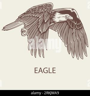 Disegni a mano Eagle per un concetto minimalista. Uccello con ali spalancate e artigli affilati con becco. Illustrazione vettoriale icona del falco d'epoca, symbo Illustrazione Vettoriale