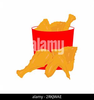 Disegno vettoriale di pollo fritto con secchio rosso in stile cartone animato piatto. Concetto di cibo spazzatura fritto. Illustrazione del menu fast food, poster, cartolina, Illustrazione Vettoriale