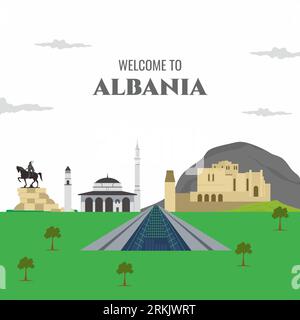 Edificio Vector Flat Cartoon Albania. Benvenuto in Albania. Attrazioni turistiche di Tirana. Elementi di progettazione per banner, poster infografici, attività commerciali Illustrazione Vettoriale