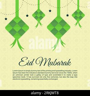Sfondo EID mubarak con grande ketupat verde. Biglietto d'auguri EID mubarak in stile piatto. Illustrazione Vettoriale