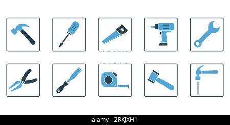 Carpentry set icon. Icon related to handyman tools. Contains icons hammer, screwdriver, saw, drill, etc. Solid icon style. Simple vector design editab Stock Vector