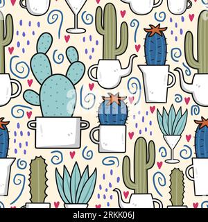 Motivo senza cuciture con lama e cactus disegnati a mano. Cactus, foglie, fiori della giungla. Texture infantile creativa. Ideale per tessuti, tessuti, W Illustrazione Vettoriale