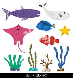 Funny colorful fishes childish set. Cute undersea pirate design element isolated on white background. Perfect for kids apparel, fabric, textile, nurse Illustrazione Vettoriale