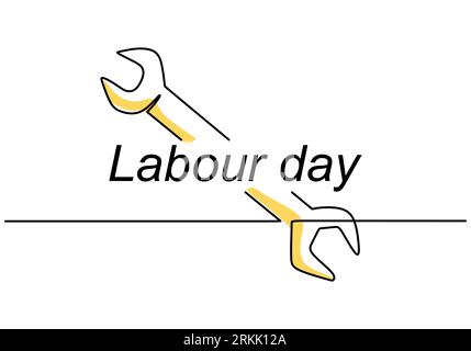 Cacciavite ART a linea continua singola, chiave, chiave con scritta Labour Day. Festeggiamenti del 1° maggio. Concetto di Happy Labour Day isolato su bac bianco Illustrazione Vettoriale
