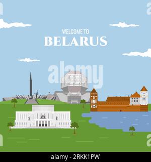 Belarus icon building landmark. Beautiful place for tourist vacation. Flat cartoon style web site vector illustration. World vacation travel sightseei Stock Vector