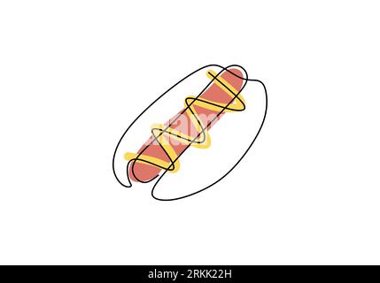 Single continuous line of a hotdog with brown sausage. Big hotdog with brown sausage in one line style isolated on white background. Stock Vector