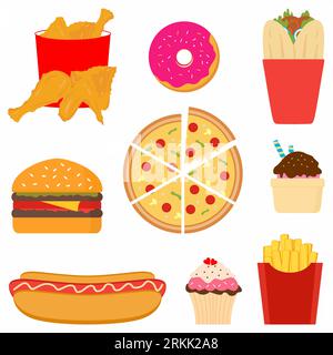 Set di icone colorate e piatte per fast food. Gustosi fast food con ciambelle, hamburger, patatine fritte, pollo fritto, gelato, hot dog, torta, kebab, pi Illustrazione Vettoriale