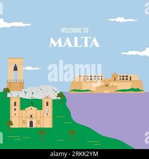 Sfondo colorato di un edificio simbolo di Malta e scritta Benvenuti a Malta. Luoghi di interesse dei cartoni animati, attrazioni turistiche. Illustrazione vettoriale piatta disegnata a mano Illustrazione Vettoriale