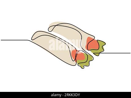Single continuous line of two kebabs. Two big kebabs in one line style isolated on white background. Illustrazione Vettoriale