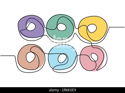 Una singola linea continua di ciambelle colorate. Ciambelle grandi e colorate in stile a una linea isolate su sfondo bianco. Illustrazione Vettoriale