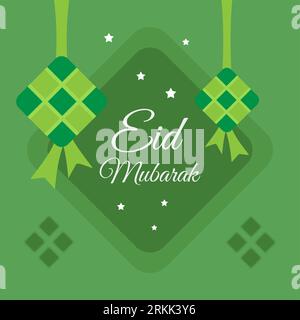 Sfondo EID mubarak con ketupat e ornamento islamico in stile piatto. Illustrazione Vettoriale