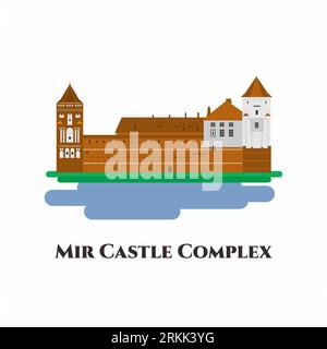 Icona piatta di Mir Castle. Il complesso del castello di Mir è uno storico castello fortificato e patrimonio dell'umanità dell'UNESCO in Bielorussia. Un posto magnifico Illustrazione Vettoriale