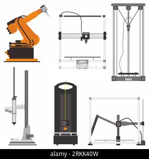 Set di icone moderne piatte di stampante 3D con tipi diversi, ad esempio stampante 3D cartesiana, stampante 3D Delta, stampante polare, stampante scara, ecc. modellazione 3D. Illustrazione Vettoriale