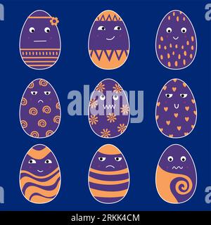 Crea una collezione di uova di pasqua con una divertente espressione isolata su sfondo blu. Grandi uova colorate di pasqua. Ideale per scrapbooking, tessuto, tessuto, nu Illustrazione Vettoriale