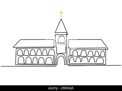 Grande chiesa, disegno a linea singola continuo, design minimalista vettoriale. Il simbolo cristiano ha isolato uno sfondo bianco. Illustrazione Vettoriale