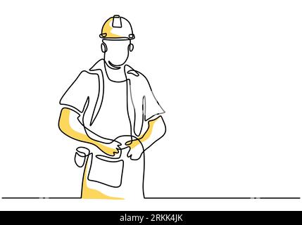 Disegno a linea continua di giovani lavori di bellezza su uniforme e elmetto isolato su sfondo bianco. Concetto di servizio di costruzione di edifici attivato Illustrazione Vettoriale