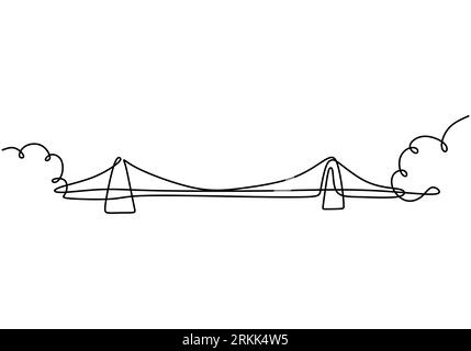 Ponte gigante sul fiume. Progettazione continua di un disegno a ponte su una linea. Semplice e moderno stile minimalista isolato su sfondo bianco. Illustrazione Vettoriale