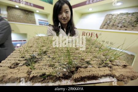 Bildnummer: 56199961  Datum: 20.10.2011  Copyright: imago/Xinhua (111020) -- BEIJING, Oct. 20, 2011 (Xinhua) -- A staff member presents a German-made fiberboard that can grow plants during the 6th China International Architectural Expo in Beijing, Oct. 20, 2011. More than 100 enterprises of about 10 countries and regions including China, the United States, Japan, South Korea and Australia attended the expo, which will last three days to Oct. 22. (Xinhua/Luo Wei) (mp) CHINA-BEIJING-INTERNATIONAL ARCHITECTURAL EXPO (CN) PUBLICATIONxNOTxINxCHN Wirtschaft Messe Architektur Architekturmesse xns x0x Stock Photo