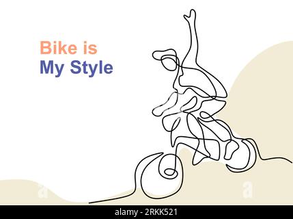 Un disegno a linea singola di un giovane adolescente felice in bicicletta e stile libero isolato su sfondo bianco. Mano del concetto di salute dell'illustrazione vettoriale Illustrazione Vettoriale