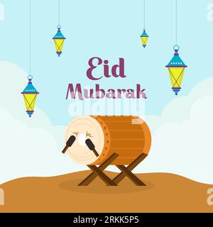 Eid mubarak background with big drum and lanterns. Eid mubarak greeting card with brown drum and yellow lantern with flat element style. Stock Vector