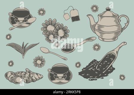 Vector set of tea drink: tea leaf, camomile, tea cup, ginger, spoon, tea bag, porcelain teapot, scoop of tea powder etc. Vintage kitchen items and tab Illustrazione Vettoriale