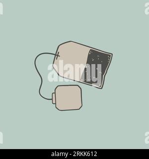 Illustrazione del sacchetto di tè vettoriale disegnato a mano. Sfondo decorativo a inchiostrazione con bozzetto retrò del tè. Emblema d'immagine vintage con disegno matcha, abbozzato in art scribb Illustrazione Vettoriale