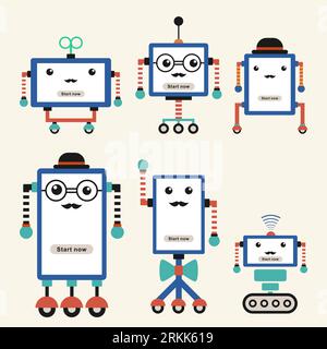 Set di graziosi robot vintage hipster isolati su sfondo bianco. Giocattolo robot per bambini. Robot moderni e fantastiche creature. Illustrazione vettoriale Illustrazione Vettoriale