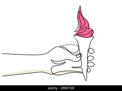 Una linea continua di gelato rosa a mano. Tenere a mano i fast food gelati rosa a una linea isolati su sfondo bianco. Illustrazione Vettoriale