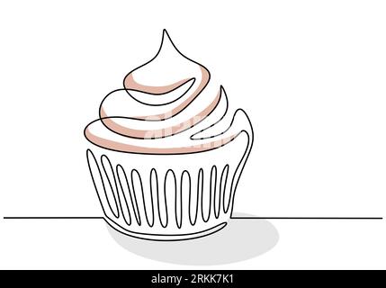 Linea continua singola di cupcake grandi. Grande cupcake fast food a una riga isolato su sfondo bianco. Illustrazione Vettoriale