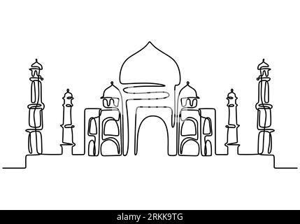 Linea continua del Taj Mahal in indi. Una singola riga del Taj Mahal in india isolata su sfondo bianco. Illustrazione Vettoriale