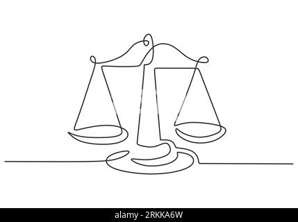 Weight balance symbol in continuous one line drawing. Libra or law identity isolated on white background. Scales of justice drawn from the hand a pict Illustrazione Vettoriale