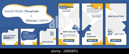 Bundle of stylish social media posts, story and photos. Fashion design backgrounds for mobile apps in minimalistic style. Blue and yellow abstract tem Stock Vector