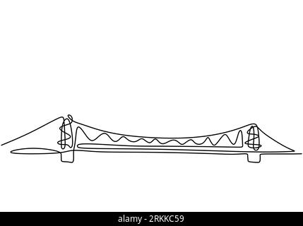 Ponte gigante sul fiume. Progettazione continua di un disegno a ponte su una linea. Semplice e moderno stile minimalista isolato su sfondo bianco. Illustrazione Vettoriale