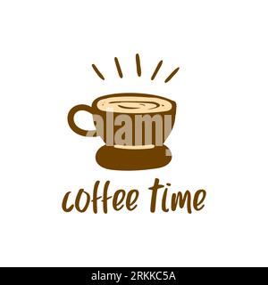 Poster della caffetteria con tazze e parole del tempo di caffè isolate sullo sfondo. Illustrazione Vettoriale