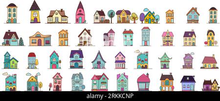 Cute tiny houses. Cartoon small town houses, minimalism city buildings, minimal suburban residential house vector illustration icons set. House small Illustrazione Vettoriale