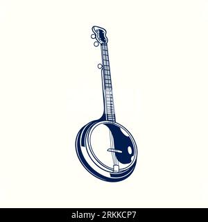 Banjo hand drawn engraving sketch. Stringed instrument with a thin membrane stretched isolated on white background. Musical acoustic instrument. Vecto Illustrazione Vettoriale