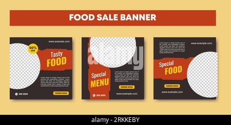 Post sui social media e modello di banner Web per il cibo delizioso, post sui social media per la promozione del menu per il cibo. Modello promozionale culinario. Perfetto per il bra business Illustrazione Vettoriale