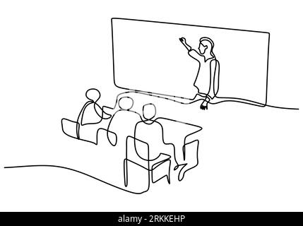 Disegno continuo di una riga di un insegnante che spiega lo studente in classe. Il concetto di ritorno a scuola. Studio dell'educazione linea disegnata a mano art minimalis Illustrazione Vettoriale