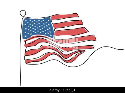 Bandiera americana, disegno continuo a una linea, design minimalista. Tema dell'American Independent Day isolato su sfondo bianco. Stati Uniti d'America sym Illustrazione Vettoriale