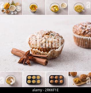 Cucinare muffin sani con farina d'avena e noci, collage, fai da te, passo dopo passo, ingredienti, fasi di cottura, piatto finale su una pietra beige leggera Foto Stock