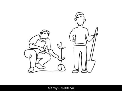 Un'unica linea che disegna due persone che scavano terreno utilizzando una pala per piantare una pianta nel giardino domestico. Ambiente Earth Day linea singola art design minimalista Illustrazione Vettoriale