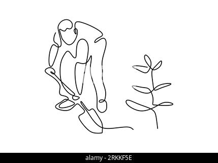 Single continuous line drawing young man digging ground using shovel and plant a sprout or seedlings. Back to nature theme. Protect our planet earth m Stock Vector