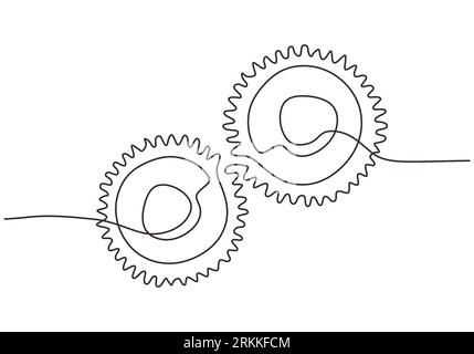 Ruote motrici in movimento con disegno a linee continue dal design minimalista. Modello di logotipo aziendale con simbolo metallico ruota rotonda per il concetto lin di lavoro di squadra aziendale Illustrazione Vettoriale