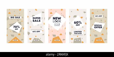 5 Set of editable social media ig story template design frame background in cute soft feminine fashion clothing. Mockup for personal blog or shop. Lay Stock Vector