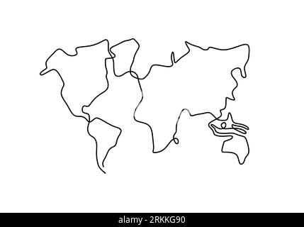 Mappa del mondo una linea disegnata su sfondo bianco isolato. Icona mappa mondo simile a Globe per istruzione, viaggi in tutto il mondo, infografica, Scienza, Web Pr Illustrazione Vettoriale