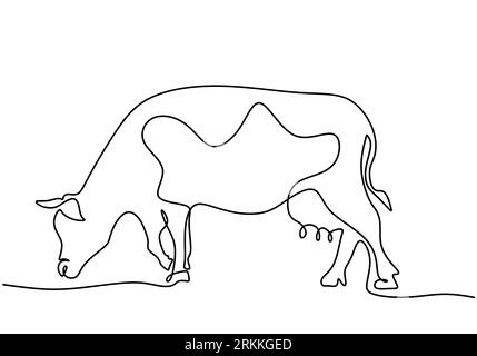 Mucca al pascolo in stile disegno a linee continue. Concetto di animali da fattoria. Mucca su pastura schizzo lineare nero minimalista isolato su sfondo bianco. VEC Illustrazione Vettoriale