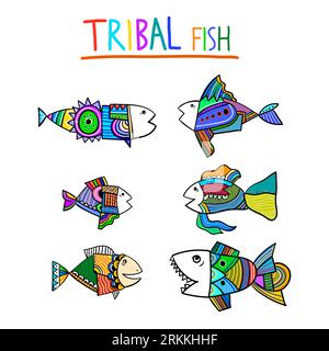 Set of handmade vector colorful tribal fish. Collection of marine animals. Cute cartoon underwater elements for your template design. Vector sea anima Illustrazione Vettoriale
