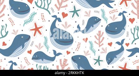 Whales seamless pattern with ocean theme for baby print. Cute baby animals. Pattern for kids with whales. Kids design. Illustrazione Vettoriale