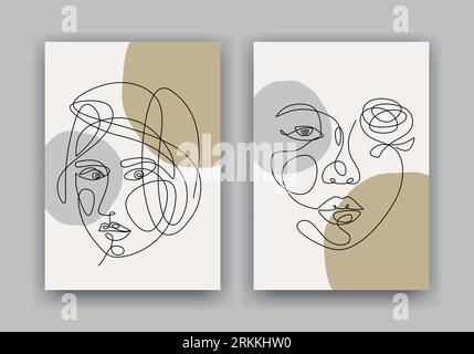 Una linea che disegna la faccia di una donna. Poster in stile minimalista. Decorazioni semplici boho. Illustrazione Vettoriale